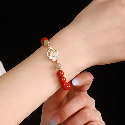 MythStone Natural Cinnabar Jade Beaded Tridacna Stone Flower Blessing Bracelet