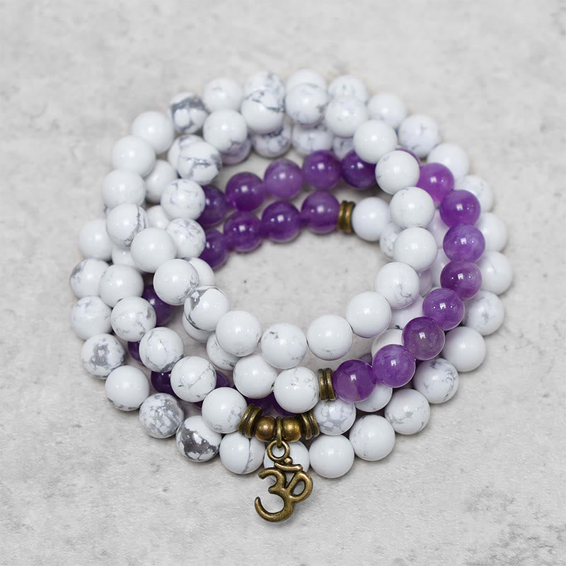 Mythstone 108 Mala Beads Amethyst White Turquoise OM Healing Meditation Energy Bracelet