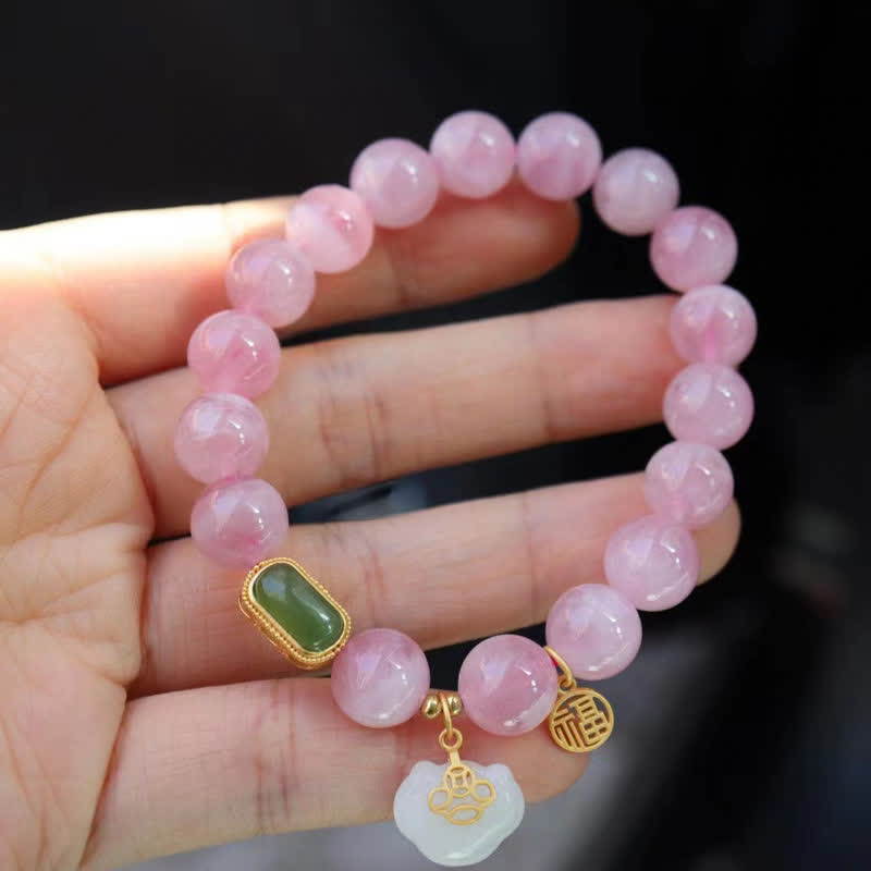 Mythstone 925 Sterling Silver Natural Madagascar Rose Quartz Hetian Jade Wish Lock Peace Bracelet