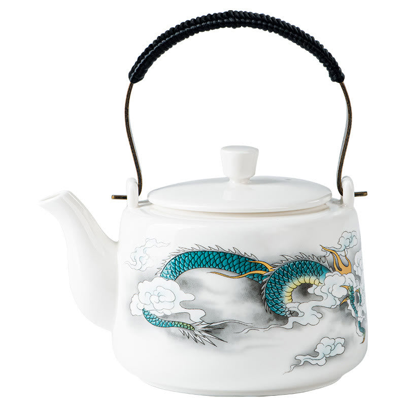 Mythstone Vintage Dragon Mountain Fisherman Landscape White Porcelain Ceramic Kung Fu Teapot