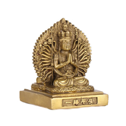 Mythstone Chenrezig Thousand-handed Avalokitesvara Figurine Double-sided Kuan Yin Bodhisattva Protection Solid Copper Statue Decoration