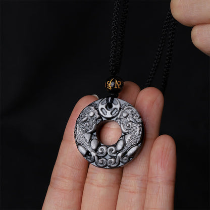 Mythstone Natural Silver Sheen Obsidian Double PiXiu Copper Coin Peace Buckle Protection Necklace Pendant