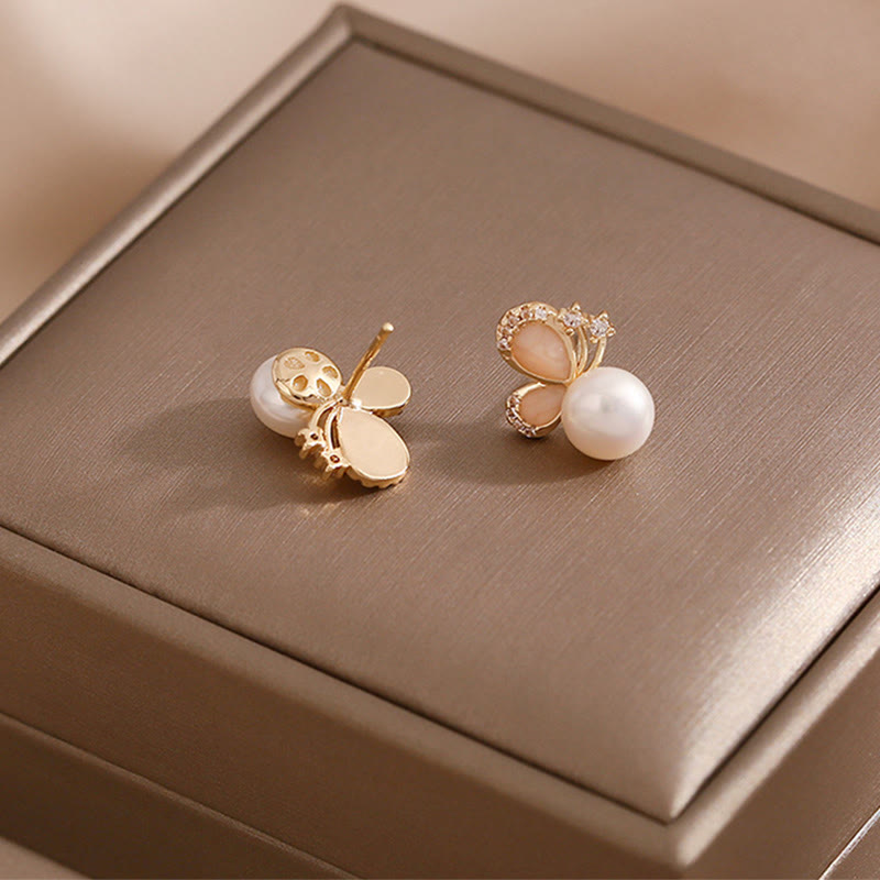 Mythstone 18K Gold Pearl Butterfly Love Freedom Stud Earrings