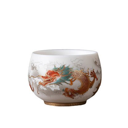 Mythstone Phoenix Dragon Lotus Deer Ancient Building Koi Fish Ceramic Teacup Kung Fu Tea Cups