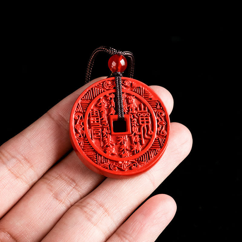 Mythstone Natural Cinnabar Mountain Ghosts Spend Money Bagua Design Blessing Necklace Pendant