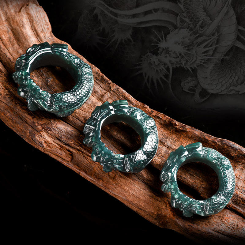 Mythstone Natural Cyan Jade Dragon Carved Success Ring