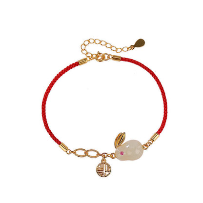 Pulsera de hilo rojo con bendición de la suerte y jade blanco hetiano del año del conejo en plata de ley 925 de Mythstone 