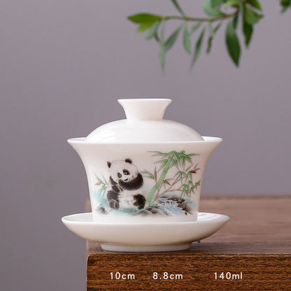 Mythstone White Porcelain Mountain Landscape Countryside Ceramic Gaiwan Teacup Kung Fu Tea Cup And Saucer With Lid