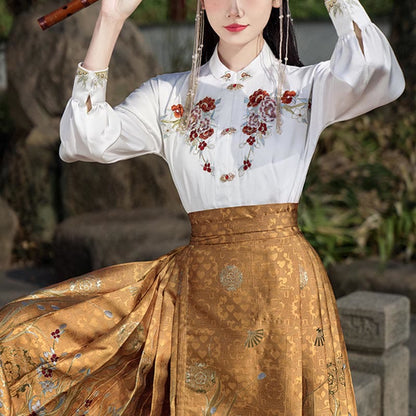 Mythstone Golden Flower Phoenix Embroidery Long Sleeve Shirt Top Chinese Hanfu Ming Dynasty Horse Face Skirt Mamianqun Skirt