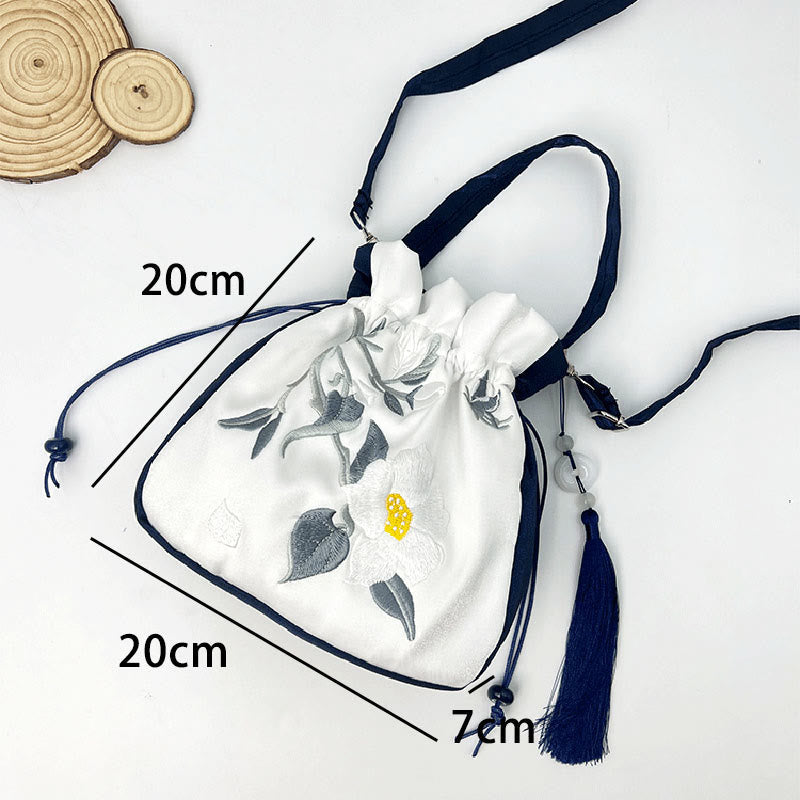 Mythstone Embroidered Lotus Koi Fish Crane Camellia Cotton Linen Tote Crossbody Bag Shoulder Bag Handbag