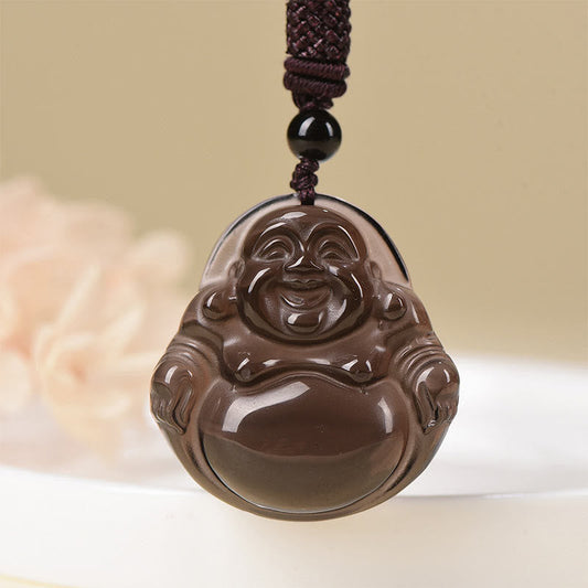 Mythstone Natural Black Obsidian Ice Obsidian Laughing Buddha Purification Necklace Pendant