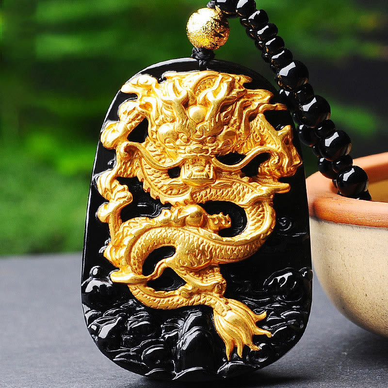 Mythstone 18k Gold-plated Dragon Obsidian Lucky Pendant Necklace