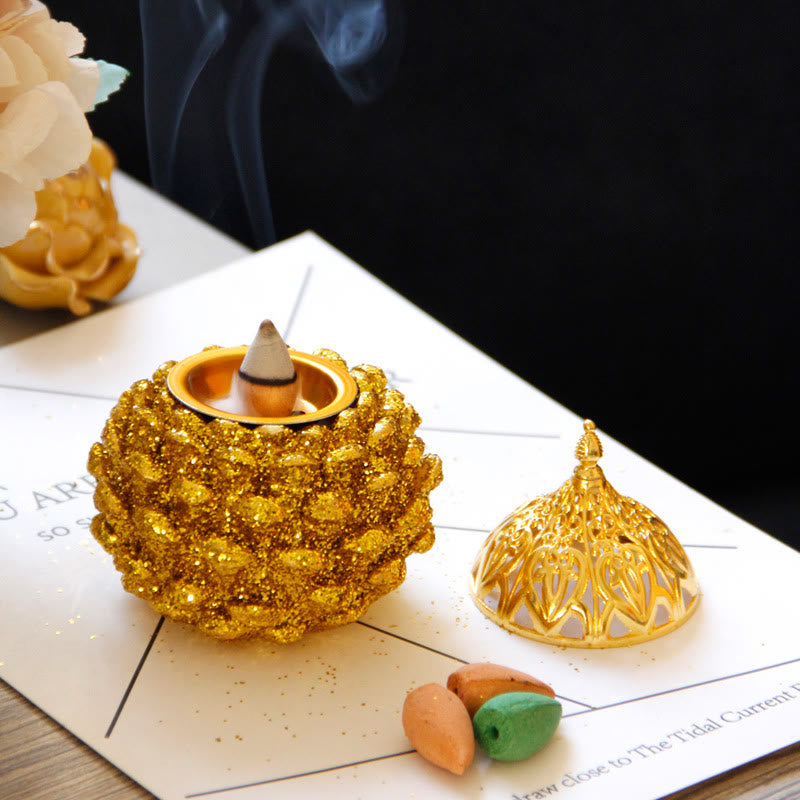 Mythstone Gold Pine Cone Pattern Spiritual Rituals Mini Incense Burner Home Tabletop Decor