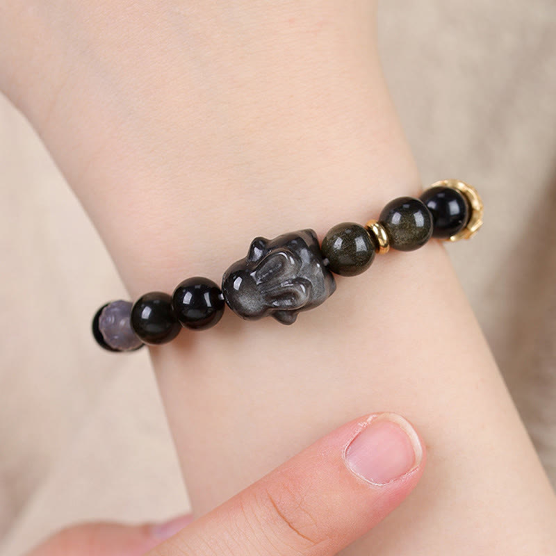 Mythstone Gold Sheen Obsidian Black Obsidian Silver Sheen Obsidian Cute Rabbit Protection Bracelet