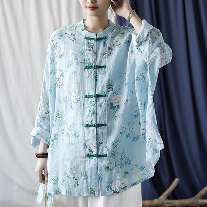 Mythstone Light Green Pink Flowers Green Leaves Frog-Button Long Sleeve Ramie Linen Jacket Shirt