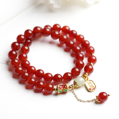 Mythstone Natural Red Agate Hetian Jade Fu Character Confidence Charm Bracelet