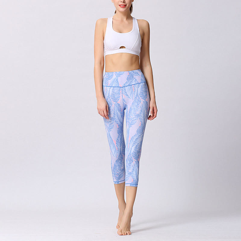 Mythstone Leaves Butterfly Print Sports Yoga Cropped Leggings Women's Yoga Capri Pants