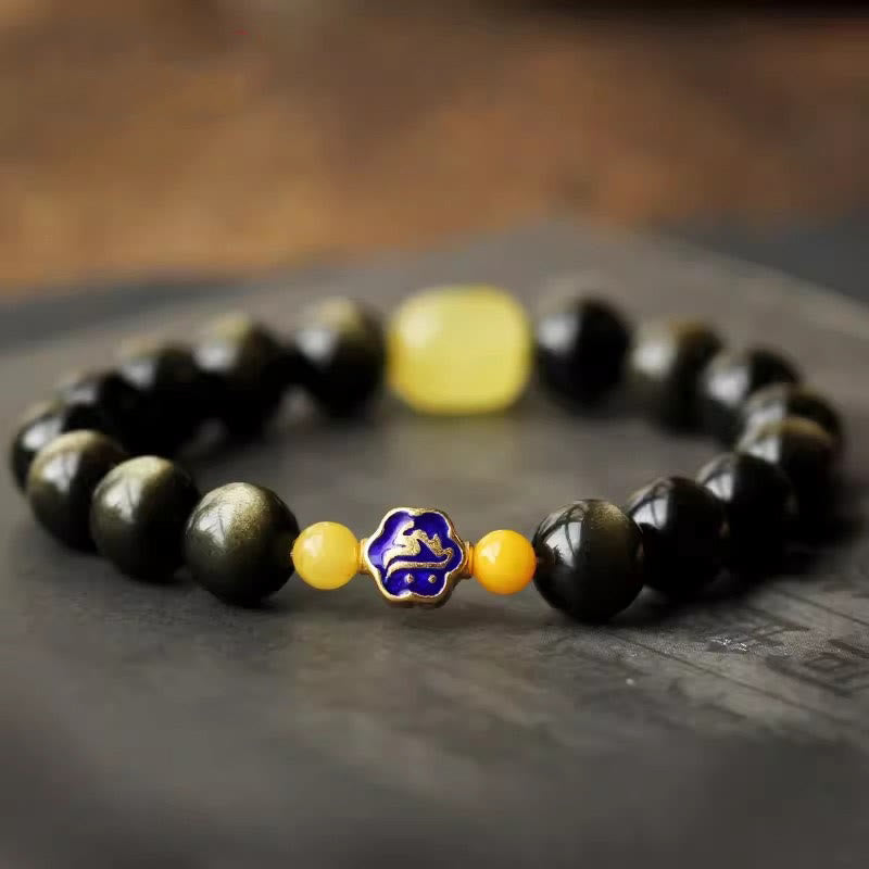 Mythstone 925 Sterling Silver Chinese Zodiac Natal Buddha Natural Gold Sheen Obsidian Amber Wealth Protection Bracelet