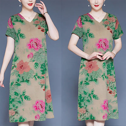 Mythstone V-Neck Green Red Peony Colorful Flowers Short Sleeve Midi Dress With Pockets