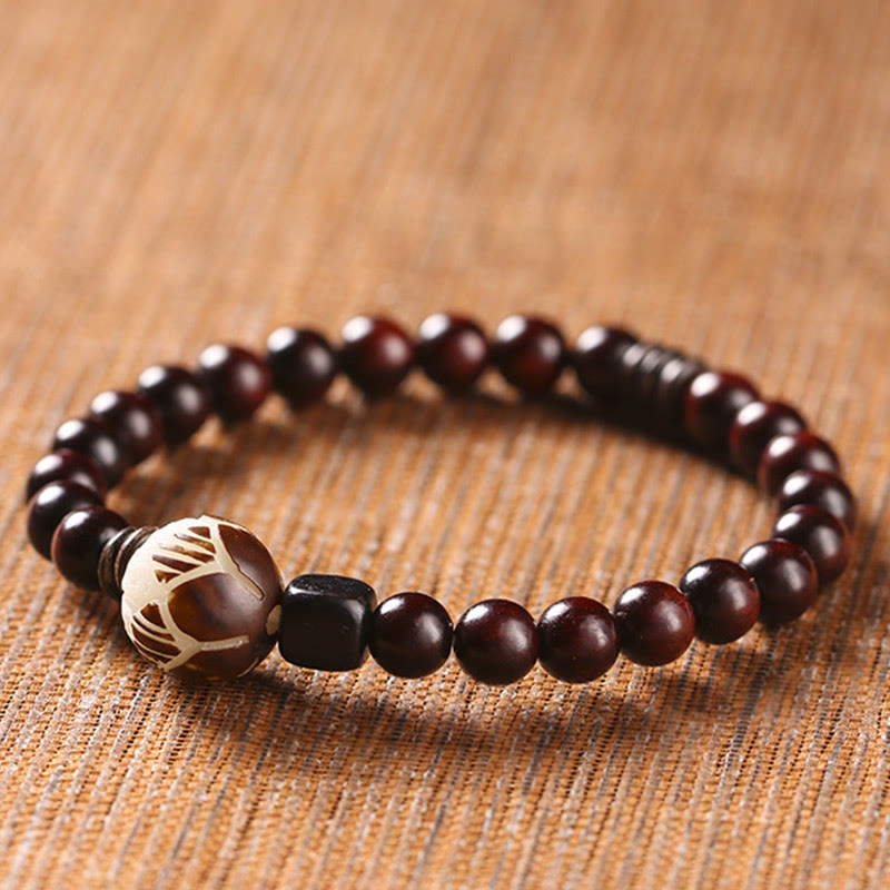 Mythstone Small Leaf Red Sandalwood Lotus Bodhi Seed Carved Protection Double Wrap Bracelet