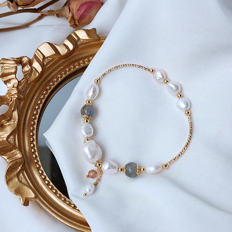 Mythstone Pearl Moonstone Strawberry Quartz Bead Optimism Bracelet