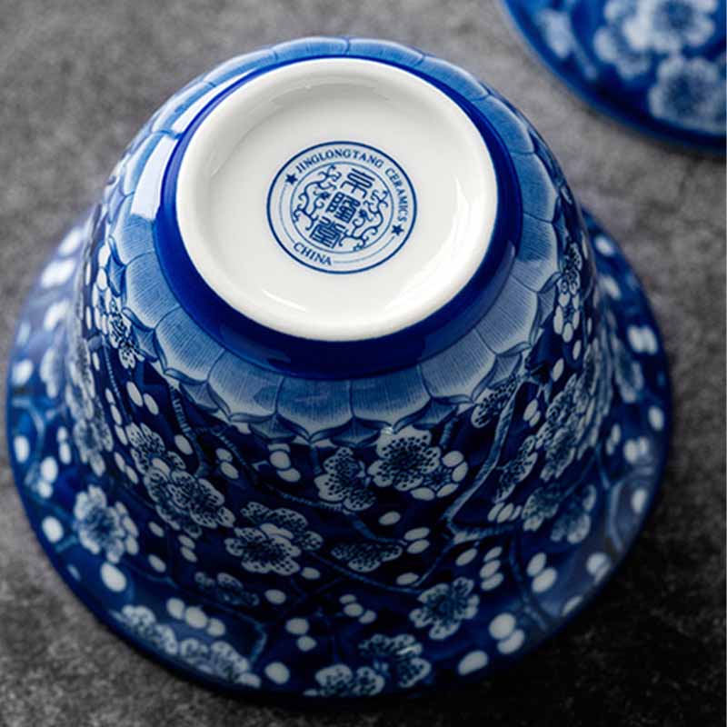 Mythstone Plum Blossom Blue And White Porcelain Ceramic Gaiwan Sancai Teacup Kung Fu Tea Cup And Saucer With Lid 185ml