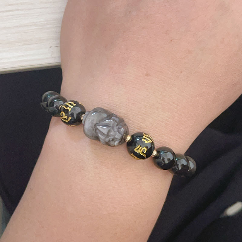 Mythstone Natural Silver Sheen Obsidian Black Obsidian Om Mani Padme Hum Pixiu Protection Bracelet