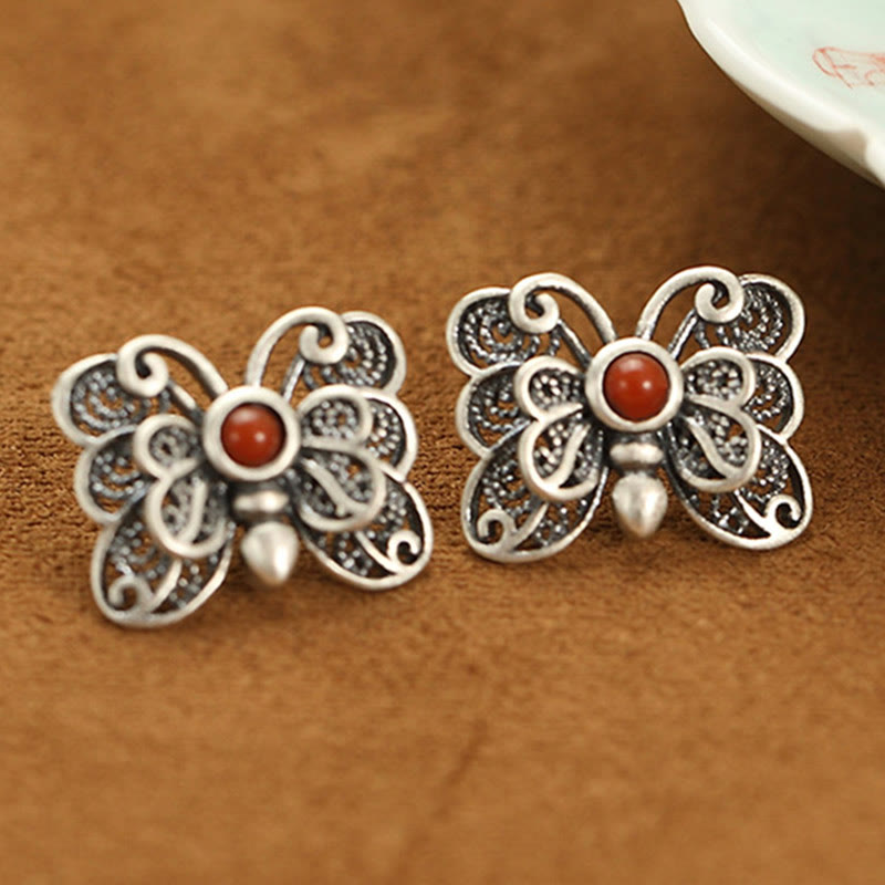 Mythstone 925 Sterling Silver Red Agate Butterfly Self-acceptance Ring Earrings Set