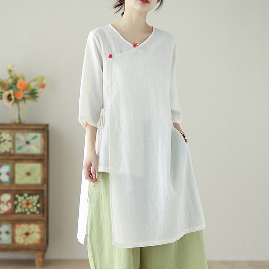 Mythstone Buttons Three Quarter Sleeve Lace-up Shirt Wide Leg Pants Meditation Cotton Linen Clothing