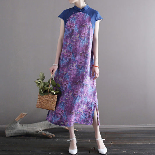 Mythstone Vintage Purple Flower Print Ramie Linen Cheongsam Midi Dress With Pockets