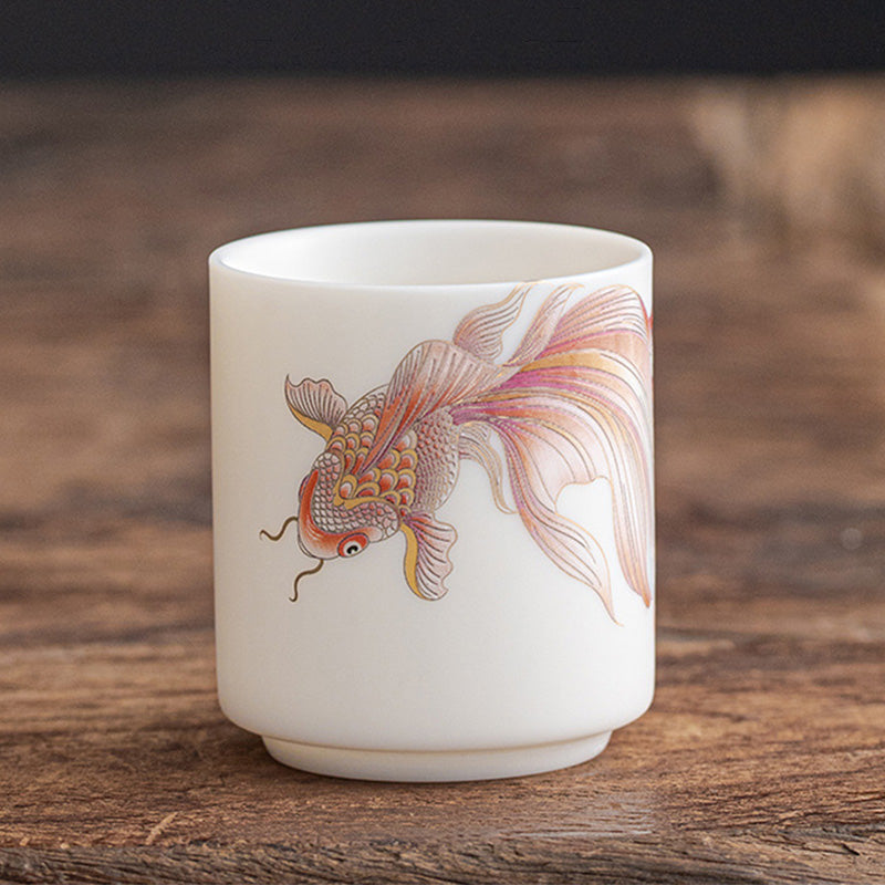 Mythstone Koi Fish White Porcelain Ceramic Teacup Kung Fu Tea Cup