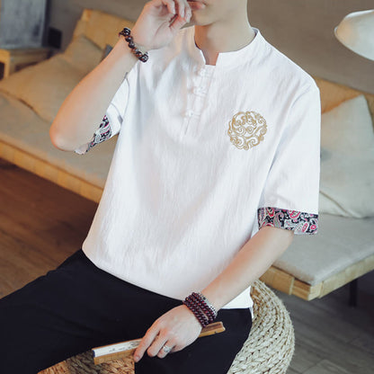 Mythstone Frog-Button Dragon Embroidery Chinese Tang Suit Short Sleeve Shirt Linen Men Clothing