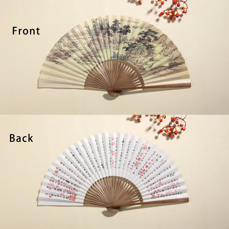 Mythstone Pine Tree Garden Peony Handheld Paper Bamboo Folding Fan 26cm