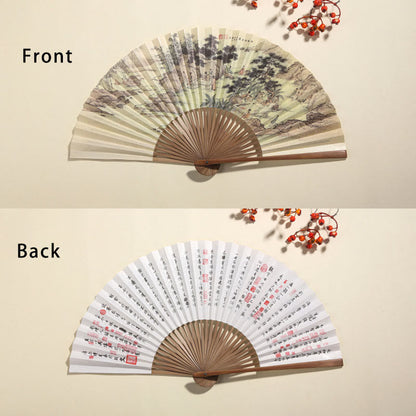 Mythstone Pine Tree Garden Peony Handheld Paper Bamboo Folding Fan 26cm