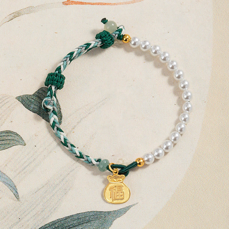 Mythstone 925 Sterling Silver Fu Character Lucky Bag Pearl Hetian Jade Wisdom Rope Bracelet