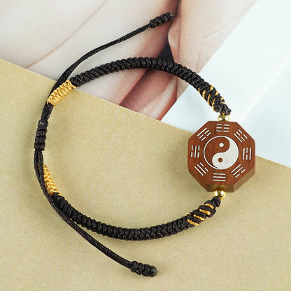 Mythstone Small Leaf Red Sandalwood Jujube Wood Ebony Wood Silver Inlaid Yin Yang Bagua Big Dipper Protection Bracelet