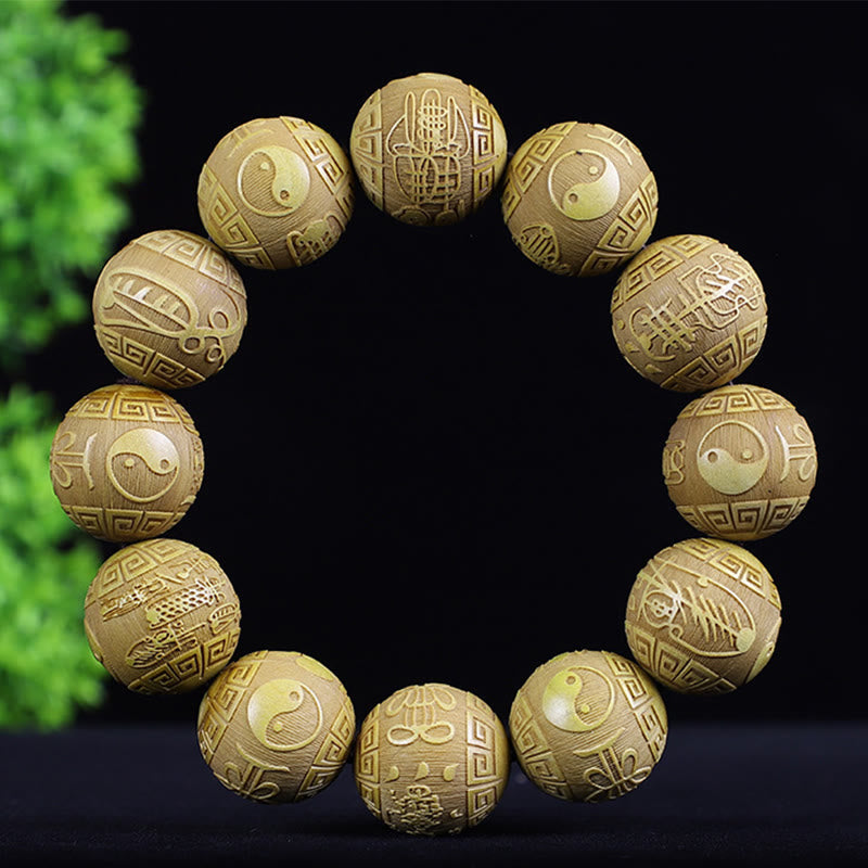 Mythstone Chinese Zodiac Rosewood Ebony Boxwood Copper Coin PiXiu Carved Warmth Bracelet