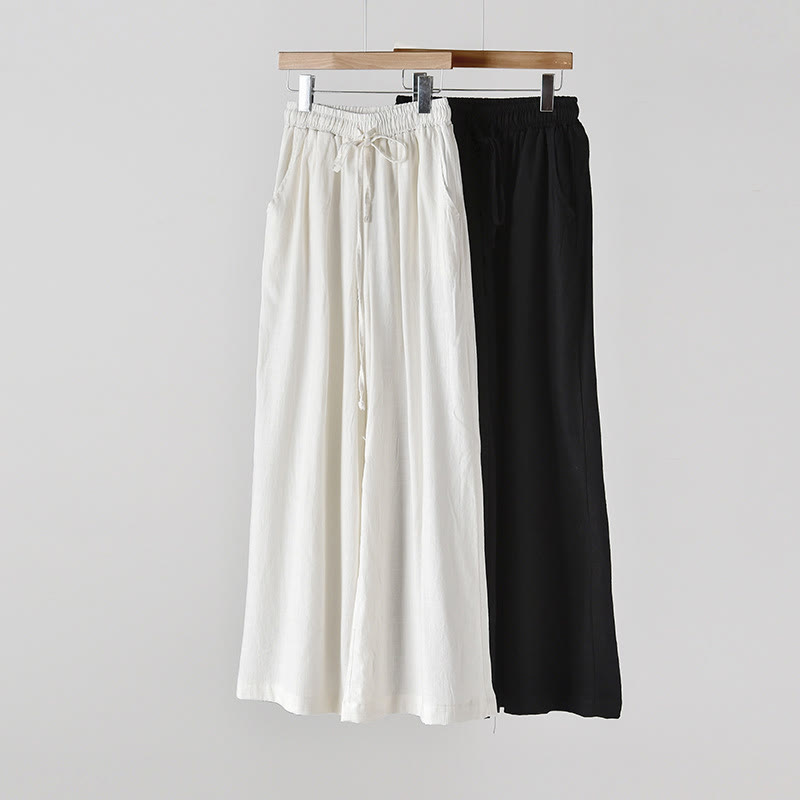 Mythstone Loose Cotton Linen Drawstring Wide Leg Pants With Pockets