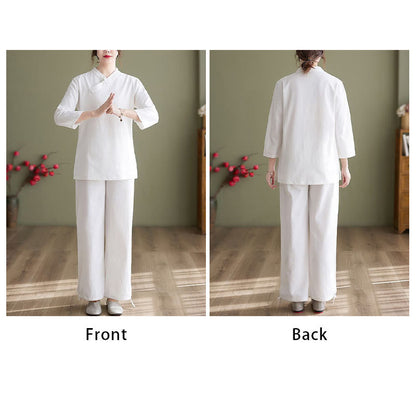 Mythstone 2Pcs Long Sleeve V-Neck Shirt Top Pants Meditation Zen Tai Chi Cotton Linen Clothing Women's Set