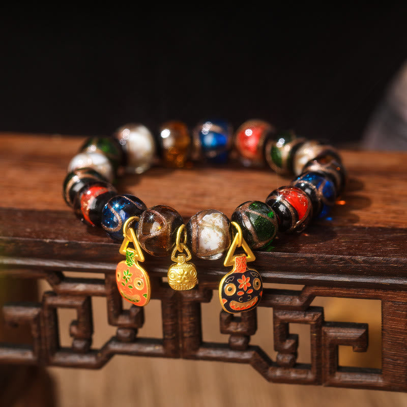 Mythstone Five Elements Gold Swallowing Beast Family Charm Liuli Glass Bead Luck Bracelet