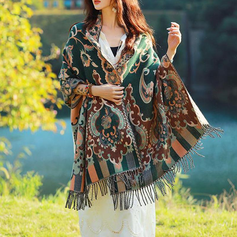 Mythstone Tibetan Flowers Leaves Branch Design Tassel Shawl Cozy Travel Scarf Wrap