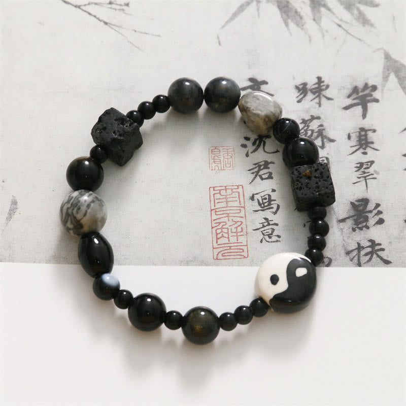 Mythstone Black Onyx Picasso Jasper Bead Yin Yang Fortune Protection Bracelet