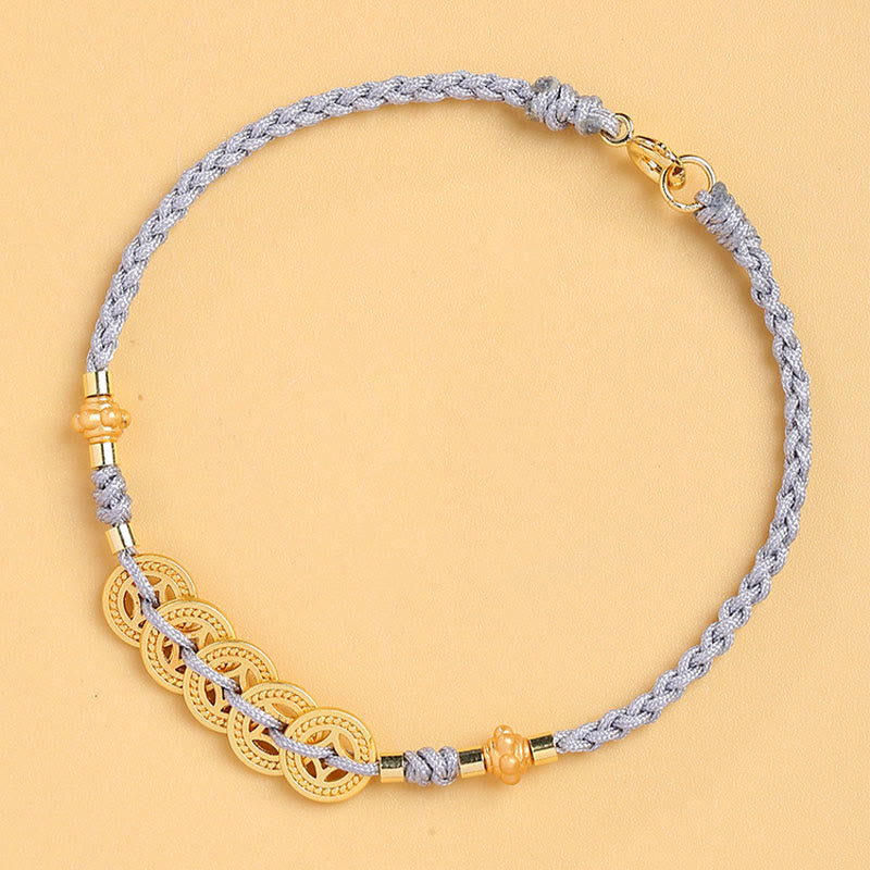 Pulsera trenzada con cuerda azul y perla de la suerte y árbol de la fortuna con monedas de cobre de Mythstone 