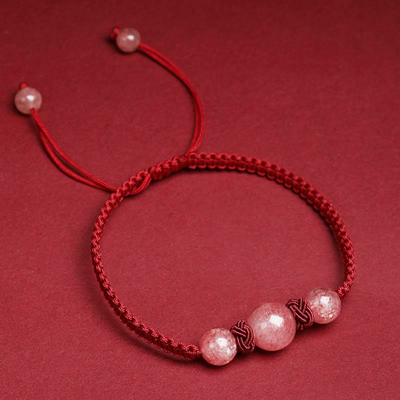 MythStone Natural Strawberry Quartz Crystal Love Red String Weave Bracelet Anklet