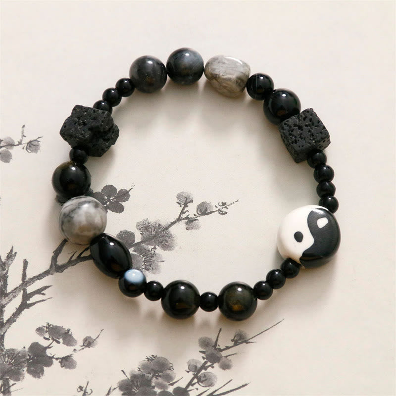 Mythstone Black Onyx Picasso Jasper Bead Yin Yang Fortune Protection Bracelet