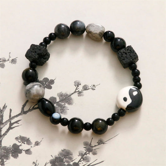 Mythstone Black Onyx Picasso Jasper Bead Yin Yang Fortune Protection Bracelet