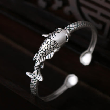 Mythstone 990 Sterling Silver Koi Fish Lotus Luck Wealth Bracelet Bangle