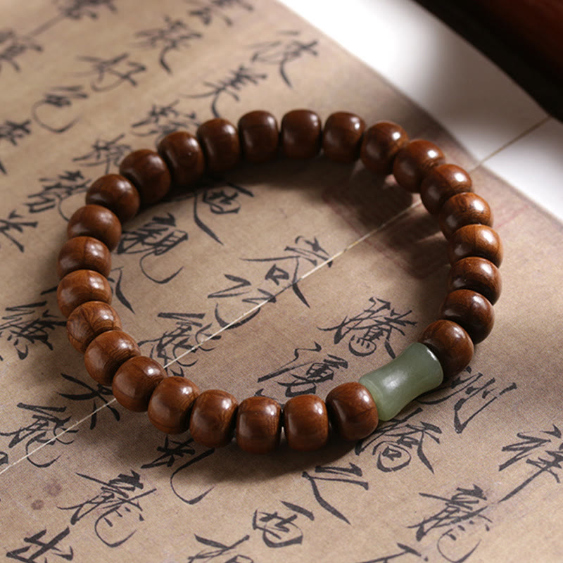 Pulsera de cuentas de bambú y jade hetiano de madera de Abelia Biflora natural Mythstone que aleja a los malos espíritus 