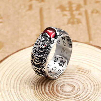 Anillo ajustable de riqueza con el sutra del corazón, vajra, dorje y rana del feng shui, piedra mítica, piedra Genstone PiXiu 