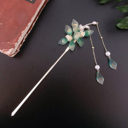 Mythstone Flower Leaf Pearl Peace Tassel Hairpin